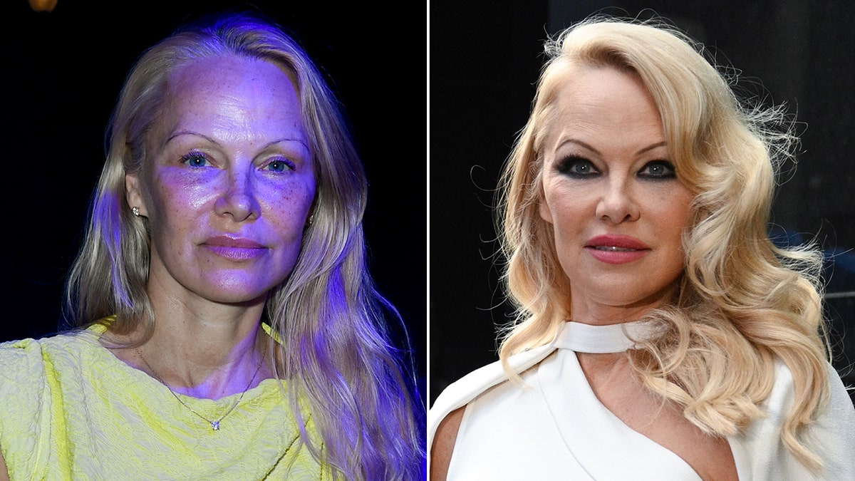 Pamela Anderson trug bei der Paris Fashion Week völlig nacktes Gesicht in einem gelben Kleid. Pamela Anderson mit starkem Augen-Make-up trug ein weißes Kleid