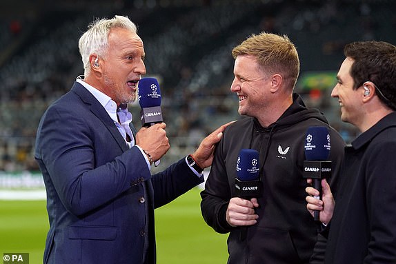Newcastle United manager Eddie Howe is interviewed by David Ginola before the UEFA Champions League Group F match at St. James' Park, Newcastle upon Tyne. Picture date: Wednesday October 4, 2023. PA Photo. See PA story SOCCER Newcastle. Photo credit should read: Owen Humphreys/PA Wire.RESTRICTIONS: Use subject to restrictions. Editorial use only, no commercial use without prior consent from rights holder.