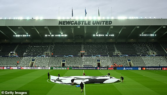 NEWCASTLE UPON TYNE, ENGLAND - OCTOBER 04: A general view inside the stadium as a UEFA Champions League logo is seen on the pitch prior to the UEFA Champions League match between Newcastle United FC and Paris Saint-Germain at St. James Park on October 04, 2023 in Newcastle upon Tyne, England. (Photo by Michael Regan/Getty Images)
