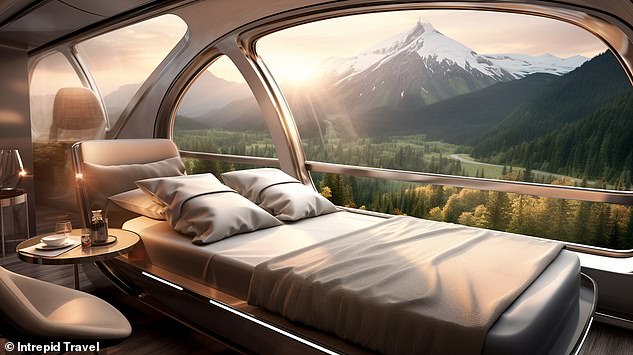 „Luxuriöse Schlafkabinen im Raumschiff-Stil, die Komfort auf superschnellen Zugfahrten bieten, werden dazu beitragen, unsere Abhängigkeit von Flugreisen zu verringern“, sagt Intrepid Travel.  Oben ist eine Darstellung einer solchen Kapsel