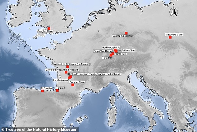Karte von Magdalénien-Stätten in Europa, an denen Kannibalismus als Bestattungsverhalten identifiziert wurde