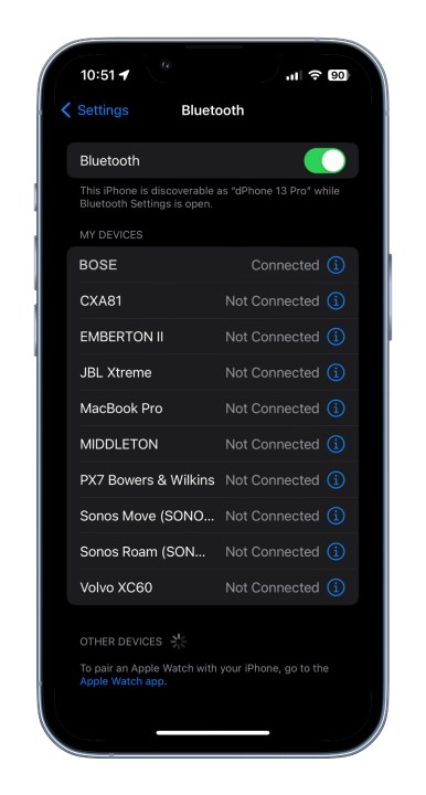 Bluetooth-Einstellungen auf einem iOS.