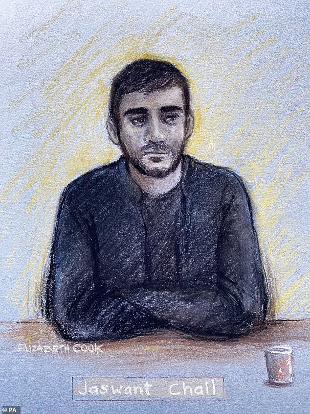 Court artist sketch by Elizabeth Cook of Jaswant Singh Chail, from Southampton, appearing via video link at Westminster Magistrates' Court