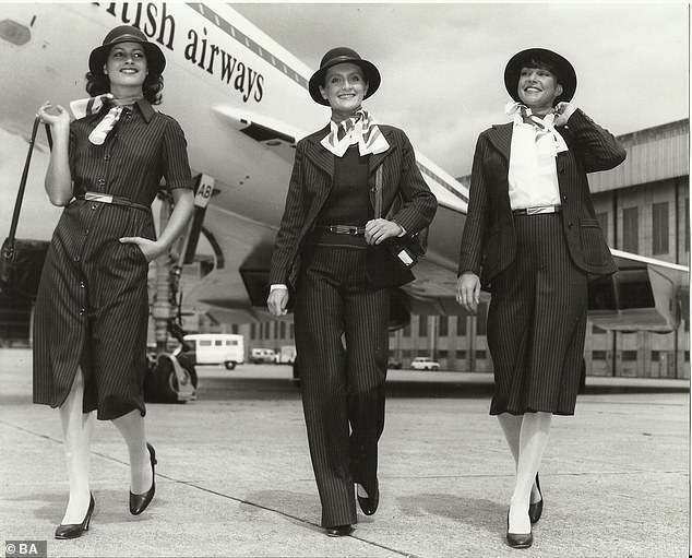 As part of BA's celebrations in August to mark 100 years since it was formed, it is to release a new uniform, but the firm is yet to go into detail on how different the new design will be. Although according to cabin crew blog Paddle Your Own Kanoo, Burberry has been enlisted for the job. Above: The first official British Airways uniform, from June 1977. It was designed by fashion house Baccarat Weathersall