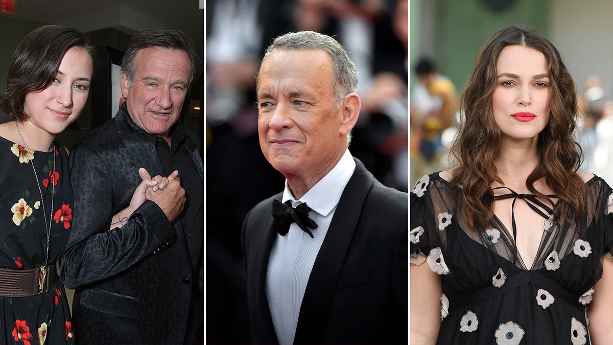 Drei geteilte Bilder von Zelda und Robin Williams, Tom Hanks und Keira Knightley