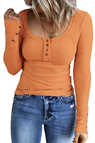 Kissfix Halloween-Kleidung für Damen, langärmelige Hemden, lässig, 2023, Henley-Oberteil, Button-Down-Blusen, Basic-T-Shirts aus Rippstrick, Orange