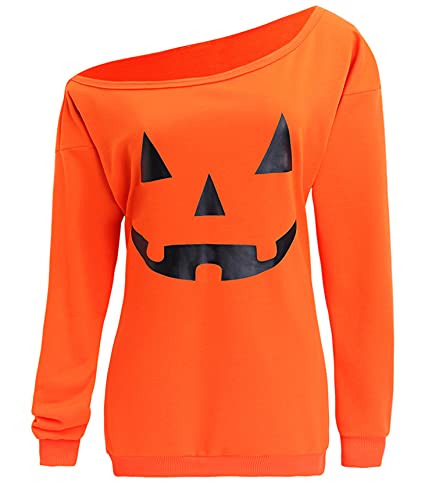 lymanchi Damen Slouchy Shirts Halloween Kürbis Langarm Pullover Sweatshirts Orange XL