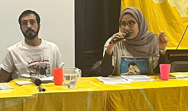 Yasmin Elsouda (right), an activist and member of the Palestinian Youth Movement, told the audience at a fringe event: 'Yesterday over 230 of our siblings¿ ascended to martyrdom at the hands of the Zionist entity.'