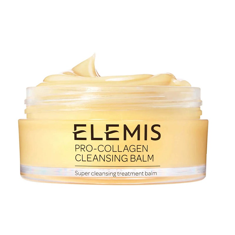 Elemis Pro-Collagen Cleansing Balm: Ein Glas gefüllt mit einem goldfarbenen Gesichtsreinigungsbalsam auf weißem Hintergrund