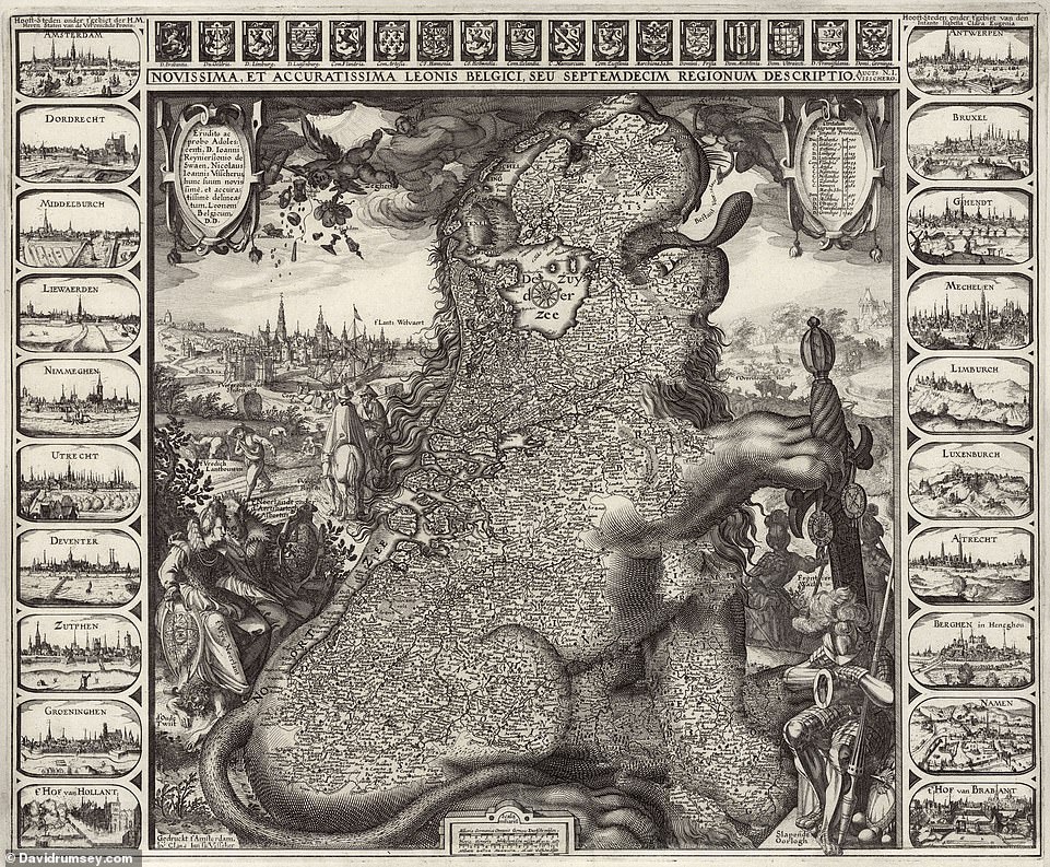 One of David's favourite maps in the collection is this 1611 map that shows Belgium and the Netherlands as a huge lion. David says: 'Made by a prominent map maker from Amsterdam, Claes Janszoon Visscher, its engraving quality takes your breath away as you zoom into the tiniest details of towns and places on the body of the lion'
