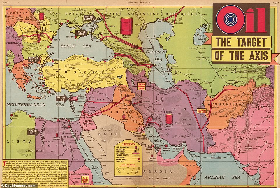 This WWII-era map titled 'Oil, the Target of the Axis' appeared in the Sunday News newspaper in New York. Created in July 1942, it's the work of U.S cartographer Edwin Sundberg
