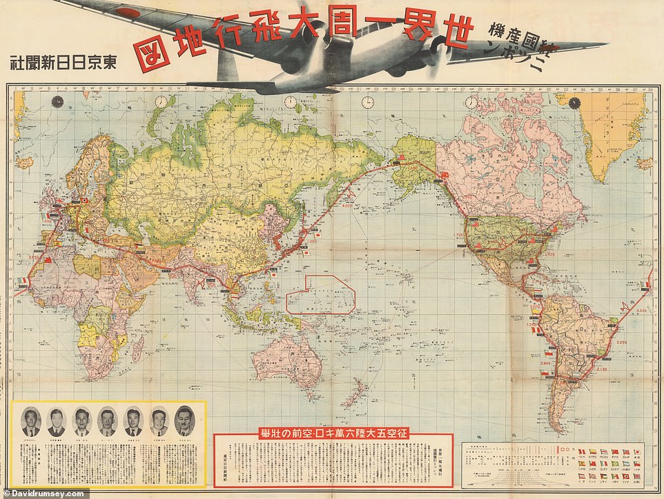 This 1939 map celebrates the round-the-world voyage completed by Japan's Nippon aircraft that year. The plane took off from Tokyo in August 1939 and returned to the city after 55 days, having flown 52,886 km (32,862 miles)