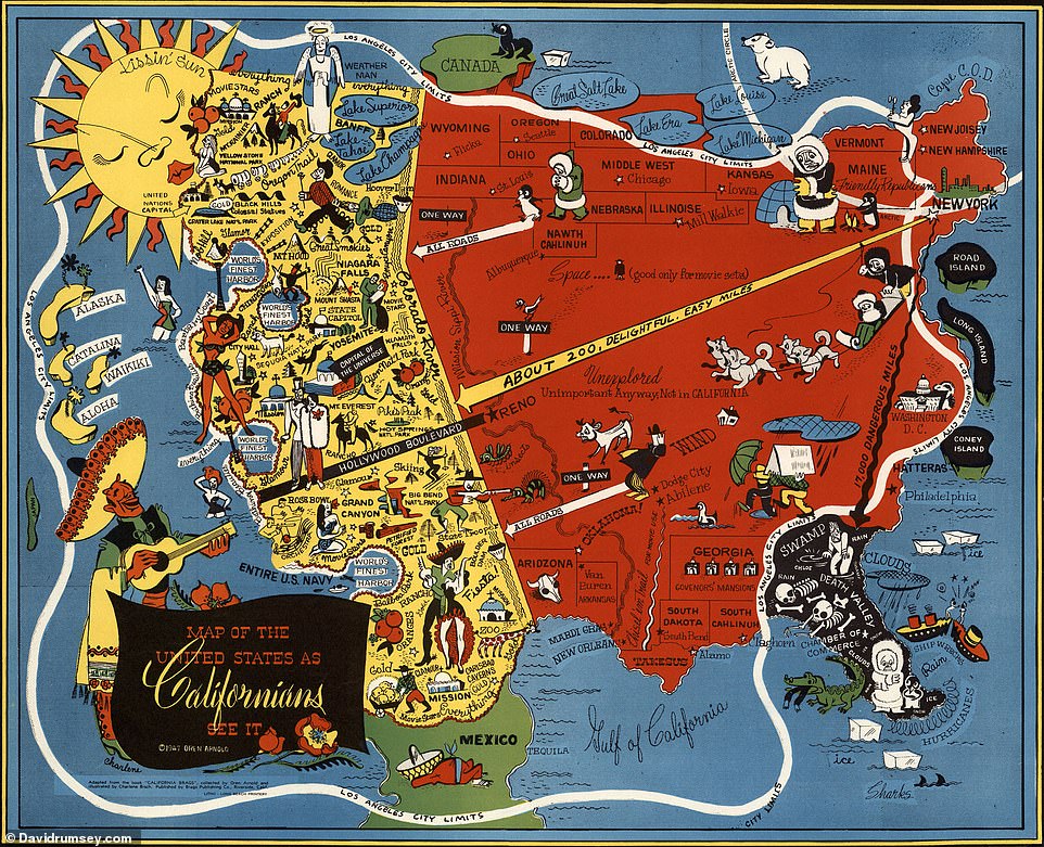 David declares this 1947 'Map of the United States as Californians See It' as 'hilarious'. He says: 'All the distortions and prejudices of living on the West Coast are illustrated.' He notes that the map, created by the late novelist Oren Arnold, shows Florida as 'Death Valley', the rest of the U.S as 'unexplored' and only good for 'movie sets'