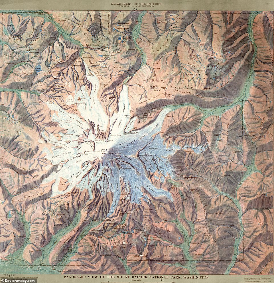 David counts this 1914 map as one of the most beautiful in his collection. It shows Mount Rainer National Park in Washington State
