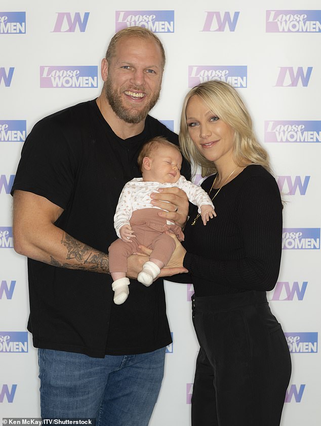 Chloe with her husband, the former England rugby player James Haskell, and their daughter Bodhi