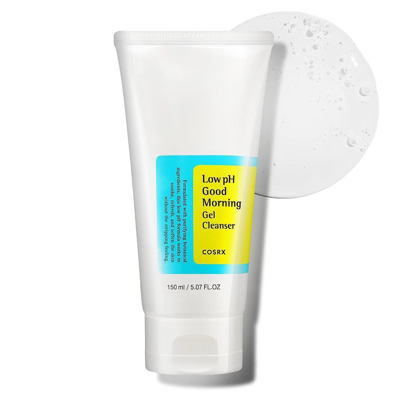 Cosrx Low pH Good Morning Gel Cleanser white squeeze bottle with blue and yellow label and swatch on white background