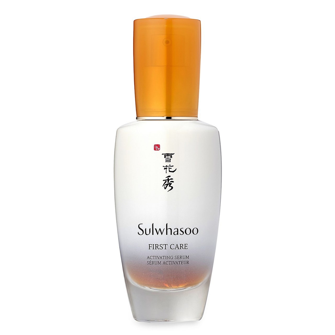 Sulwhasoo First Care Activating Serum große weiße, abgerundete Serumflasche mit orangefarbenem Verschluss auf weißem Hintergrund
