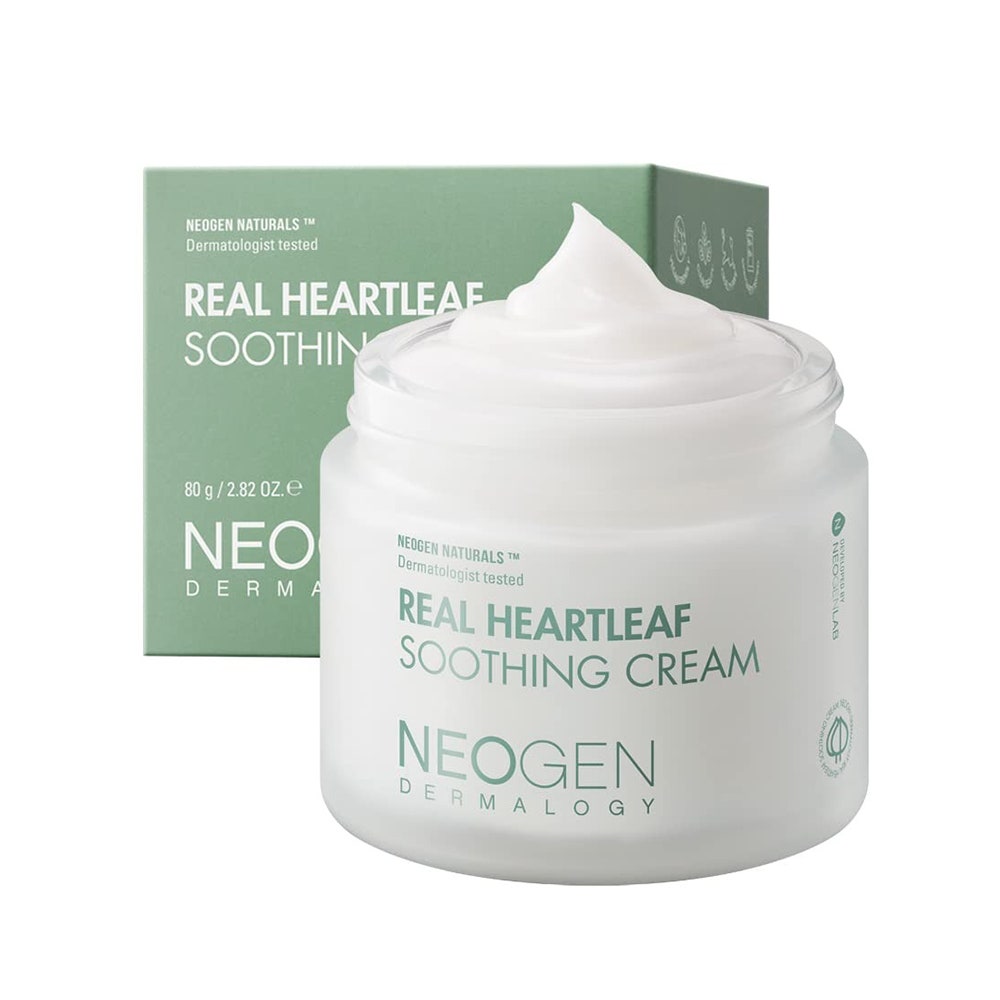 Neogen Dermalogy Real Heartleaf Soothing Cream, weißes Glas mit grüner Schrift auf weißem Hintergrund