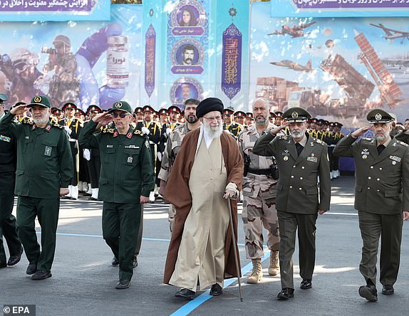 epa10910788 A handout photo made available by the Iranian supreme leader office shows Iranian Supreme Leader Ayatollah Ali Khamenei (C) visiting a military academy in Tehran, Iran, 10 October 2023. The Iranian supreme leader attended the joint graduation ceremony of armed forces students.  EPA/IRANIAN SUPREME LEADER OFFICE / HANDOUT  HANDOUT EDITORIAL USE ONLY/NO SALES