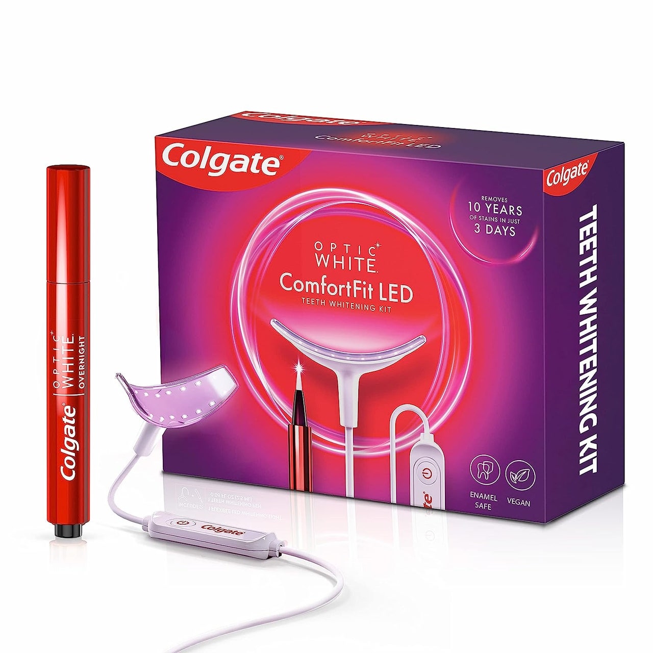 Colgate Optic White ComfortFit LED-Zahnaufhellungsset auf weißem Hintergrund