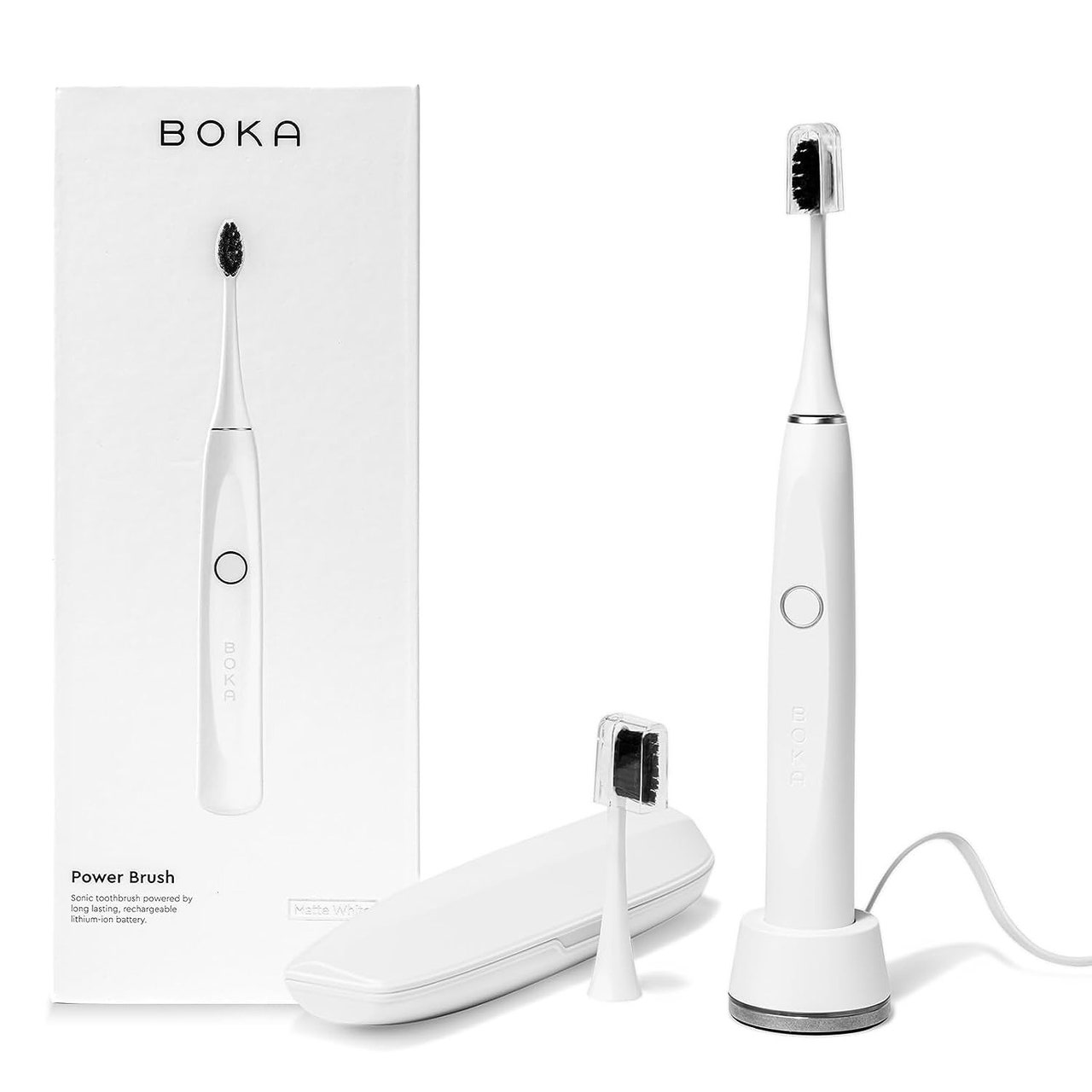 Weiße Boka Power Brush mit Box, Etui und Ersatzkopf