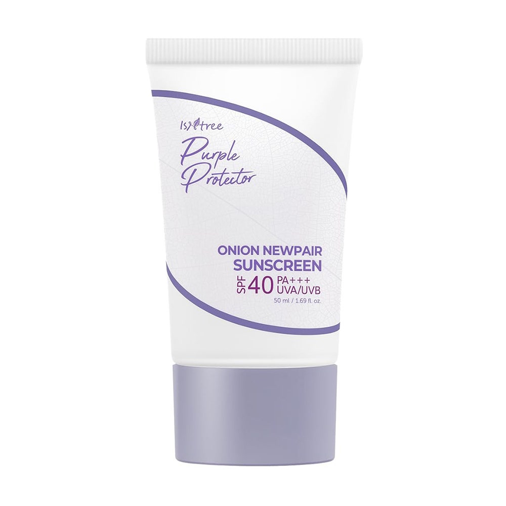 Isntree Purple Protector Onion Newpair Sunscreen SPF 40 PA+++ weiße Tube mit hellvioletter Kappe auf weißem Hintergrund