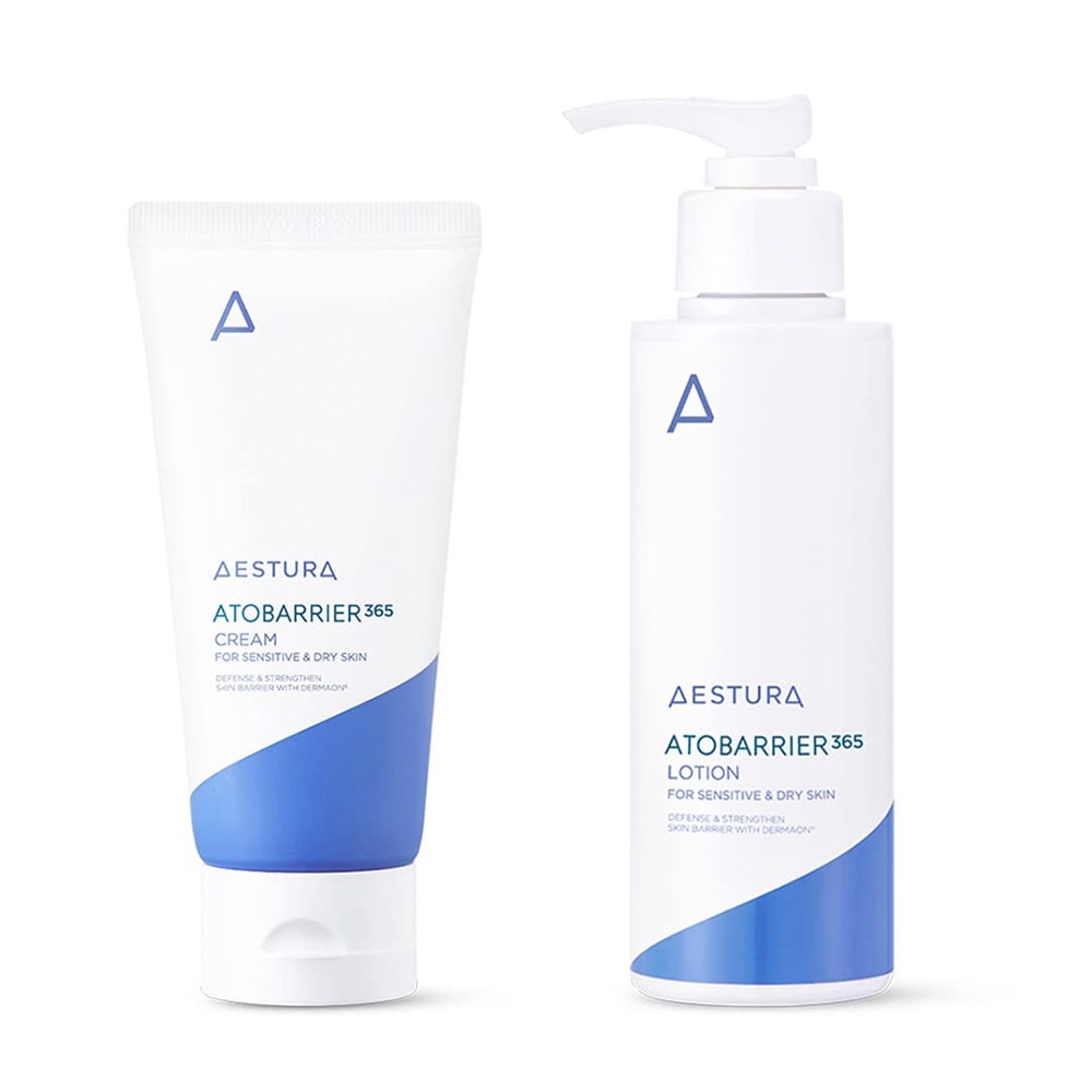 Aestura Atobarrier 365 Ceramide Cream & Lotion auf weißem Hintergrund