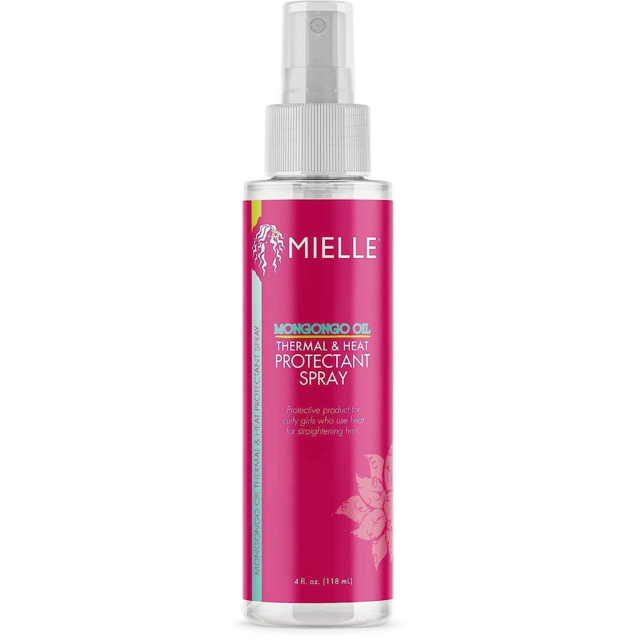 Mielle Organics Mongongo Oil Thermal & Heat Protectant Spray rosa Flasche auf weißem Hintergrund
