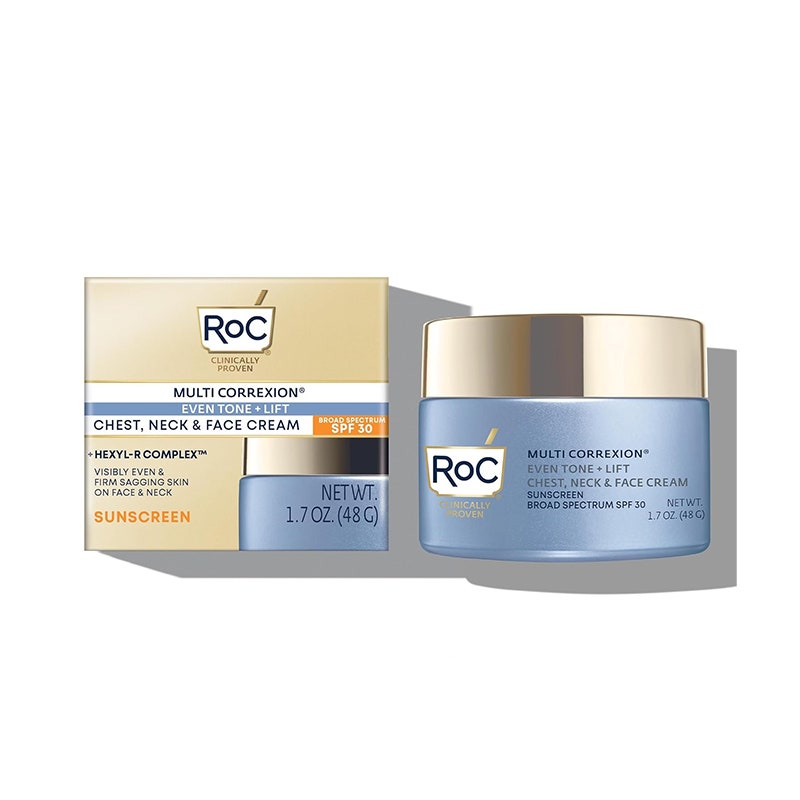 Die RoC Multi Correxion 5-in-1-Feuchtigkeitscreme für Brust, Hals und Gesicht auf weißem Hintergrund