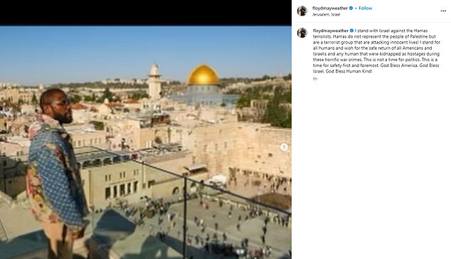 Mayweather hat auch einen Beitrag auf seinem Instagram-Konto hochgeladen, in dem er erklärt, dass er sich auf die Seite Israels stellt