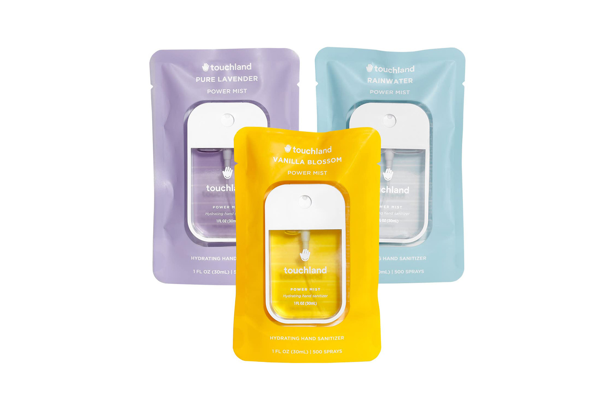 A trio of Touchland power mist hand sanitizers