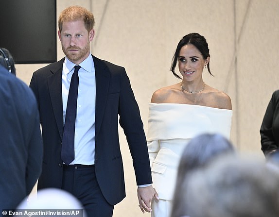 Britain's Prince Harry, The Duke of Sussex, left, and Meghan, Duchess of Sussex, participate in The Archewell Foundation Parents' Summit "Mental Wellness in the Digital Age" as part of Project Healthy Minds' World Mental Health Day Festival on Tuesday, Oct. 10, 2023, in New York. (Photo by Evan Agostini/Invision/AP)