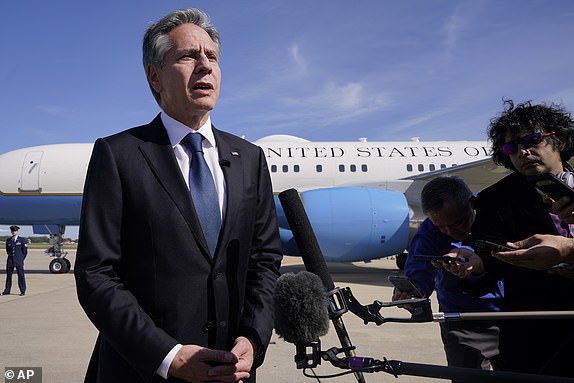 Secretary of State Antony Blinken speaks before boarding a plane, Wednesday Oct. 11, 2023, at Andrews Air Force Base, Md., en route to Israel. President Joe Biden is dispatching his top diplomat to Israel on an urgent mission to show U.S. support after the unprecedented attack by Hamas militants. (AP Photo/Jacquelyn Martin, Pool)