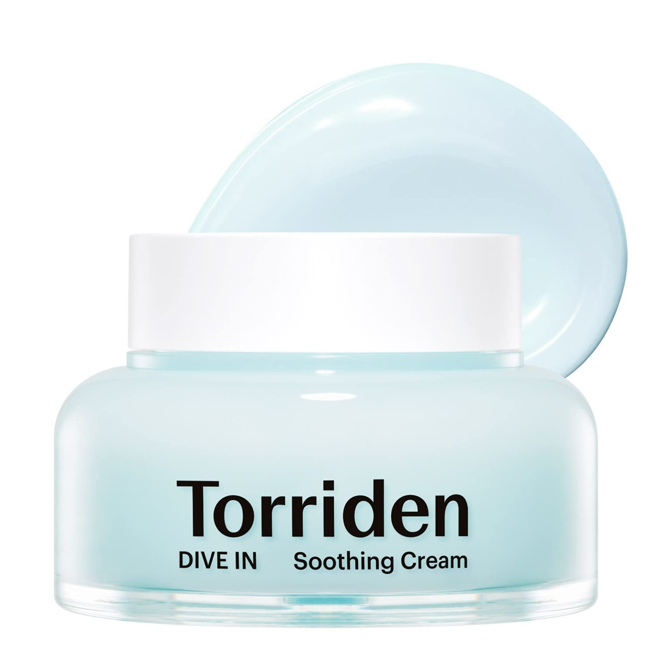 Torriden Dive-In Low-Molecular Hyaluronic Acid Soothing Cream jar of light blue moisturizer with white lid on white background