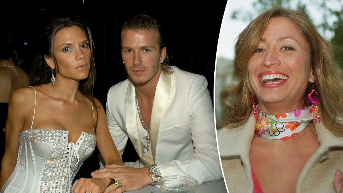 Victoria Beckham in einem weißen Kristallkorsettkleid mit David Beckham in einem weißen Blazer teilte ein Bild einer lächelnden Rebecca Loos mit einem bunten Halstuch