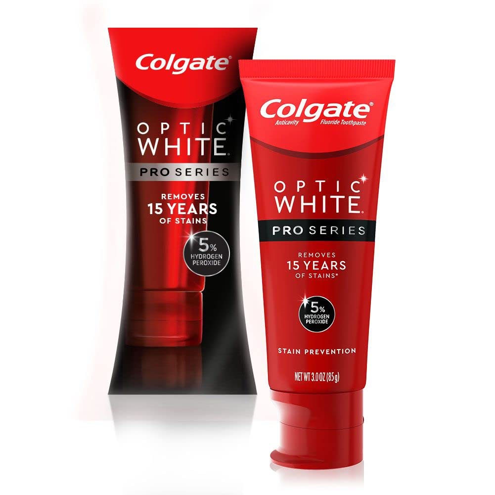 Colgate Optic White Pro Series Whitening Toothpaste rote Zahnpasta auf weißem Hintergrund