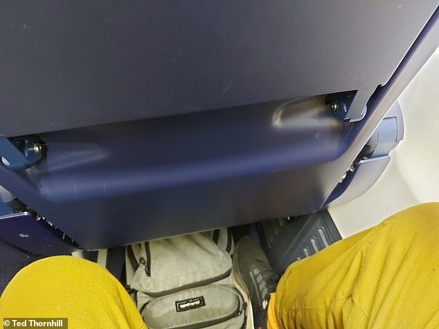 Ted points out that his Ryanair fare was only slightly cheaper than the BA ticket. Above, a photo showing the lack of seat pockets on the Ryanair 737