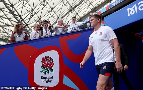 MARSEILLE, FRANCE - OCTOBER 15: Owen Farrell of England takes to the field for the warm up prior to the Rugby World Cup France 2023 Quarter Final match between England and Fiji at Stade Velodrome on October 15, 2023 in Marseille, France. (Photo by Michael Steele - World Rugby/World Rugby via Getty Images)