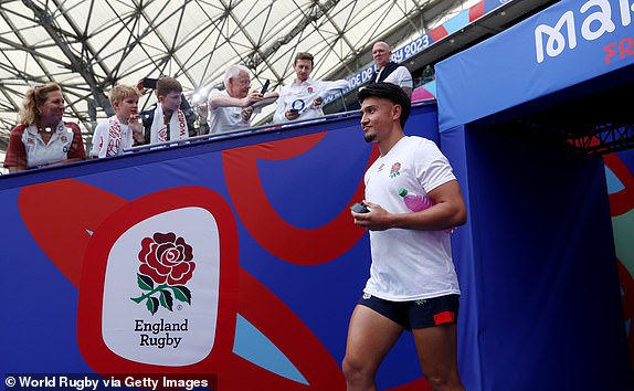 MARSEILLE, FRANCE - OCTOBER 15: Marcus Smith of England takes to the field for the warm up prior to the Rugby World Cup France 2023 Quarter Final match between England and Fiji at Stade Velodrome on October 15, 2023 in Marseille, France. (Photo by Michael Steele - World Rugby/World Rugby via Getty Images)