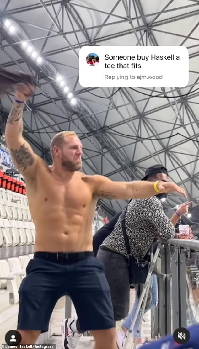 Let's go! James  shared pictures from his wild weekend as he stripped off and swung his shirt above his head during the England Vs Fiji match on Saturday night following his team's win in the quarter finals of the tournament