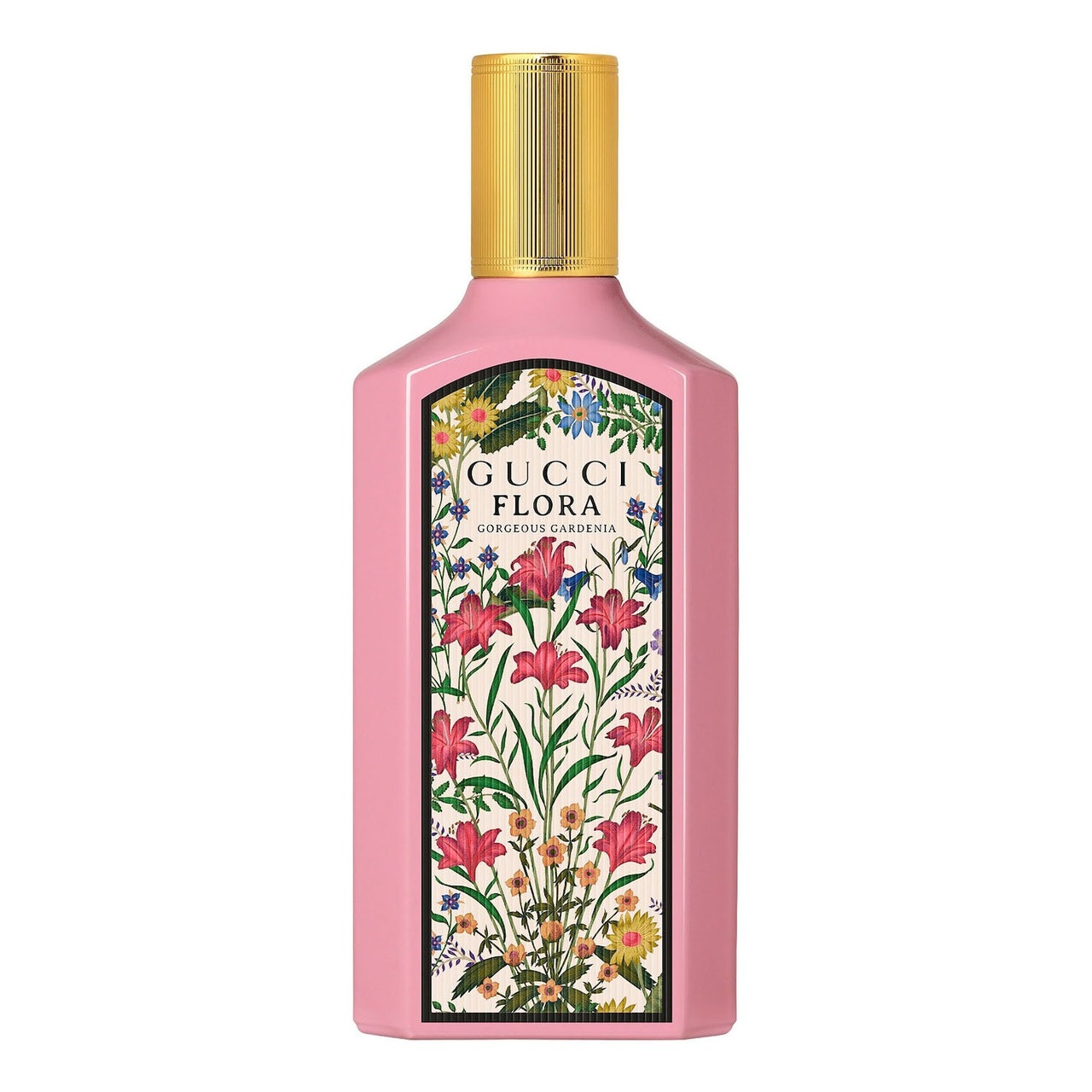 Gucci Flora Wunderschönes Gardenia Eau de Parfum in rosafarbener Blumenflasche mit goldenem Verschluss auf weißem Hintergrund