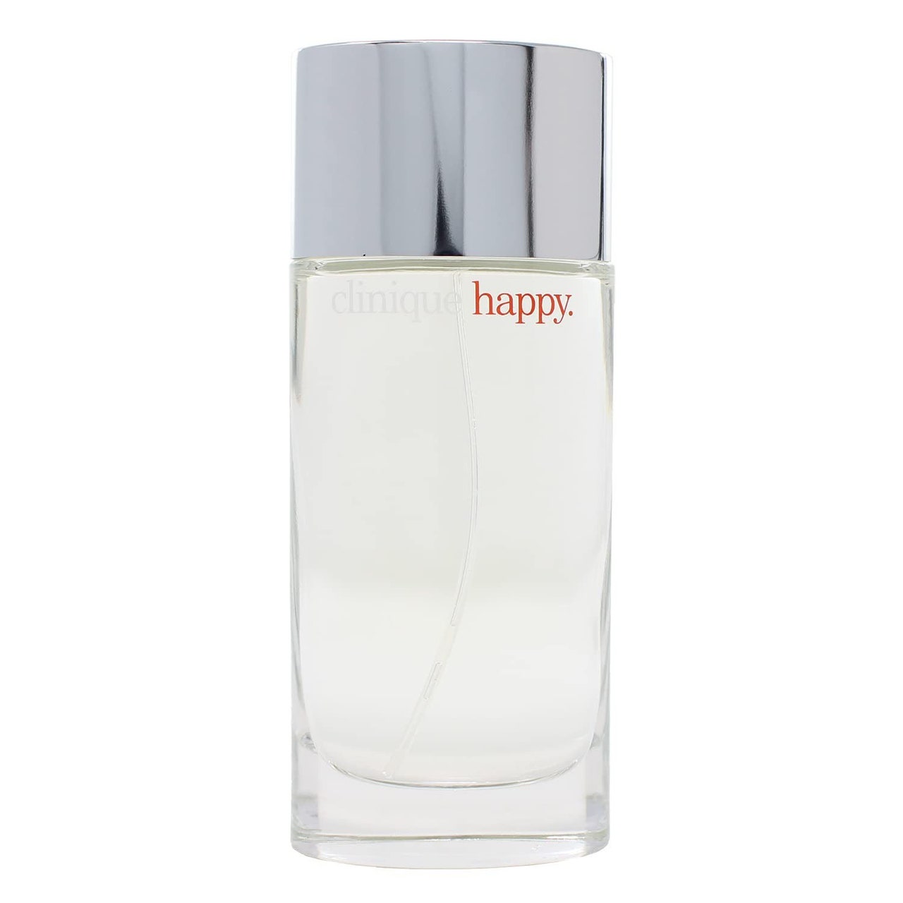 Clinique Happy Eau de Parfum Sprühflasche mit silberner Kappe auf weißem Hintergrund