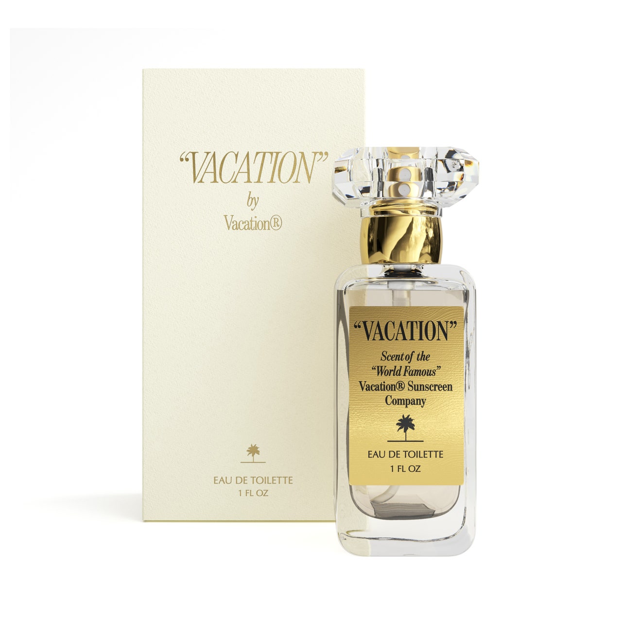 Vacation's Vacation Eau de Parfum Parfümflasche mit goldenem Etikett und Schachtel auf weißem Hintergrund