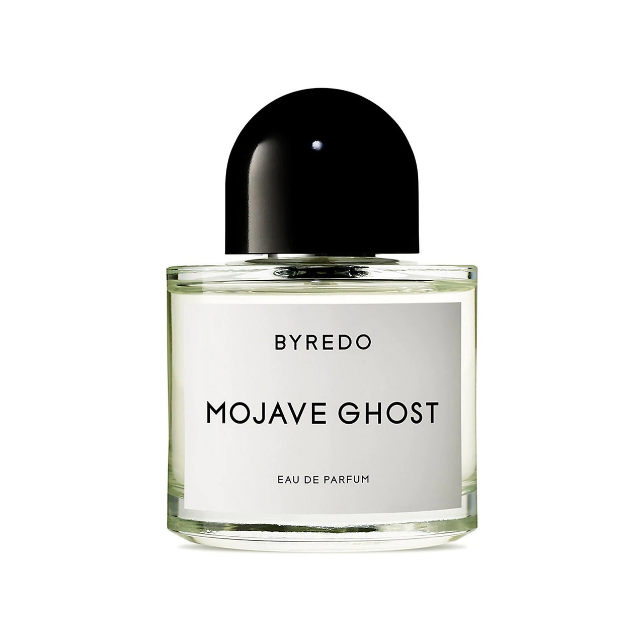Byredo Mojave Ghost Eau de Parfum, kurze Parfümflasche mit abgerundeter schwarzer Kappe auf weißem Hintergrund
