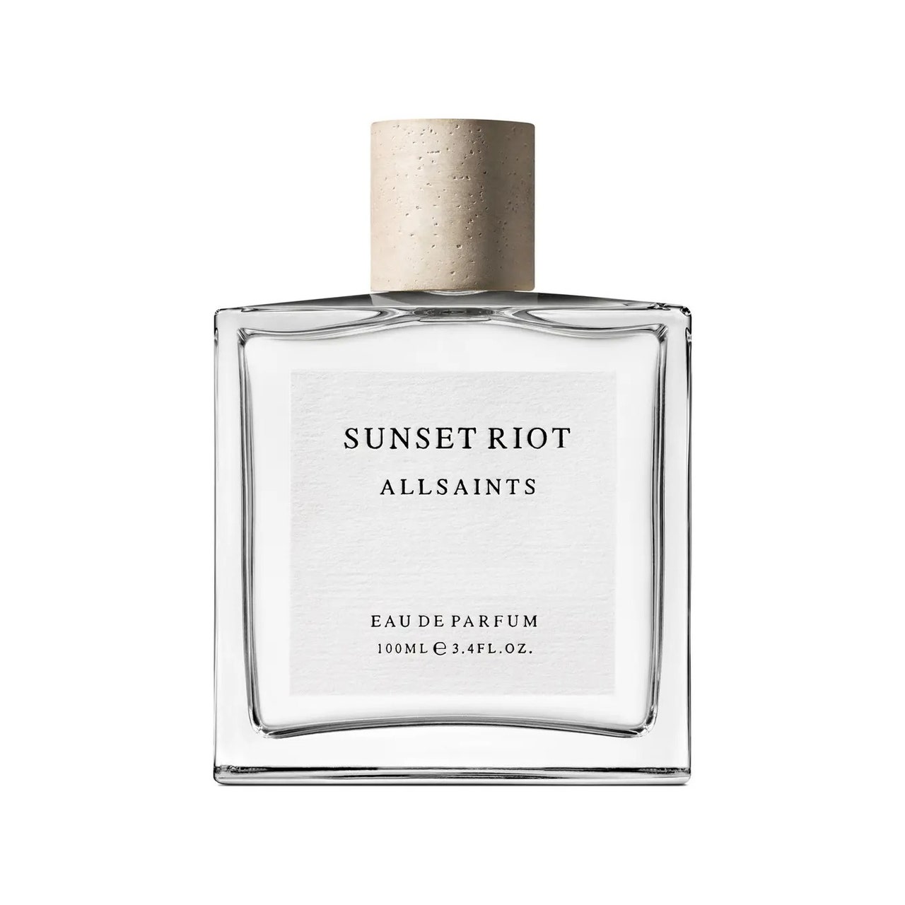 AllSaints Sunset Riot Eau de Parfum, quadratische Parfümflasche auf weißem Hintergrund