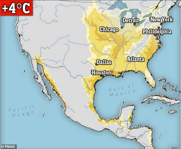 Eine separate Studie zeigte, dass die Ostküste und Mittelamerika der USA aufgrund der steigenden globalen Temperaturen bis zum Jahr 2100 unbewohnbar sein könnten.  Oben sehen Sie eine Karte der Regionen, in denen es voraussichtlich jährlich 3 bis 56 „heiße Stunden“ mit lebensbedrohlichen Temperaturen geben wird, wenn die globale Durchschnittstemperatur um 4 °C steigt