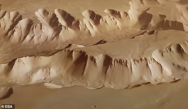 Beschäftigt: Mars Express hat seit seiner Ankunft auf dem vierten Planeten von der Sonne im Dezember 2003 Tausende von Bildern aufgenommen, darunter auch die zerklüftete Landschaft der Canyons zwischen den Valles Marineris des Mars und den riesigen Vulkanen des Tharsis Bulge (im Bild).
