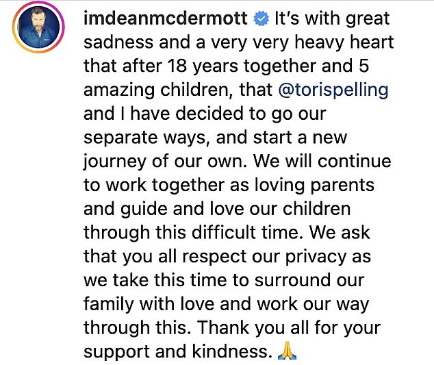 Im Juni gab McDermott auf Instagram bekannt, dass er sich von Tori getrennt habe, doch der Beitrag wurde weniger als 24 Stunden später entfernt