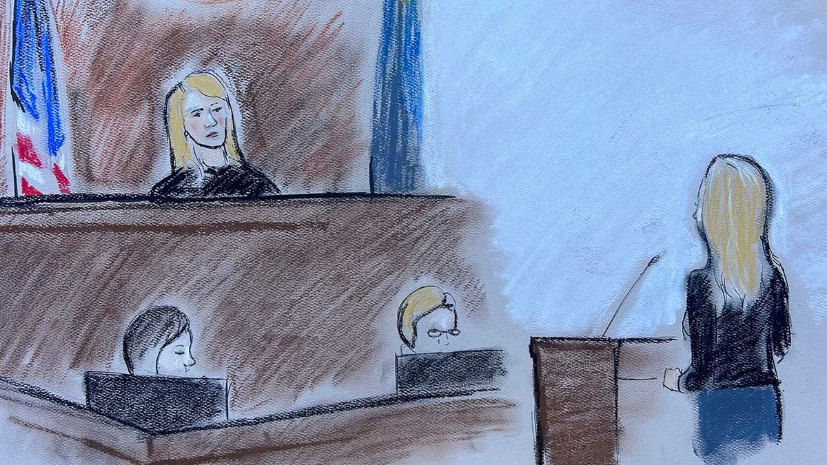 Eine Gerichtsskizze zeigt Beth Hollway vor einem Bundesgericht.