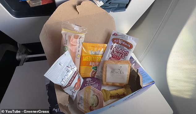 In terms of the food offering, the couple were offered free bags of pretzels and chocolate quinoa crisps along with soft drinks. They also paid $10 to share the 'Take Off' box
